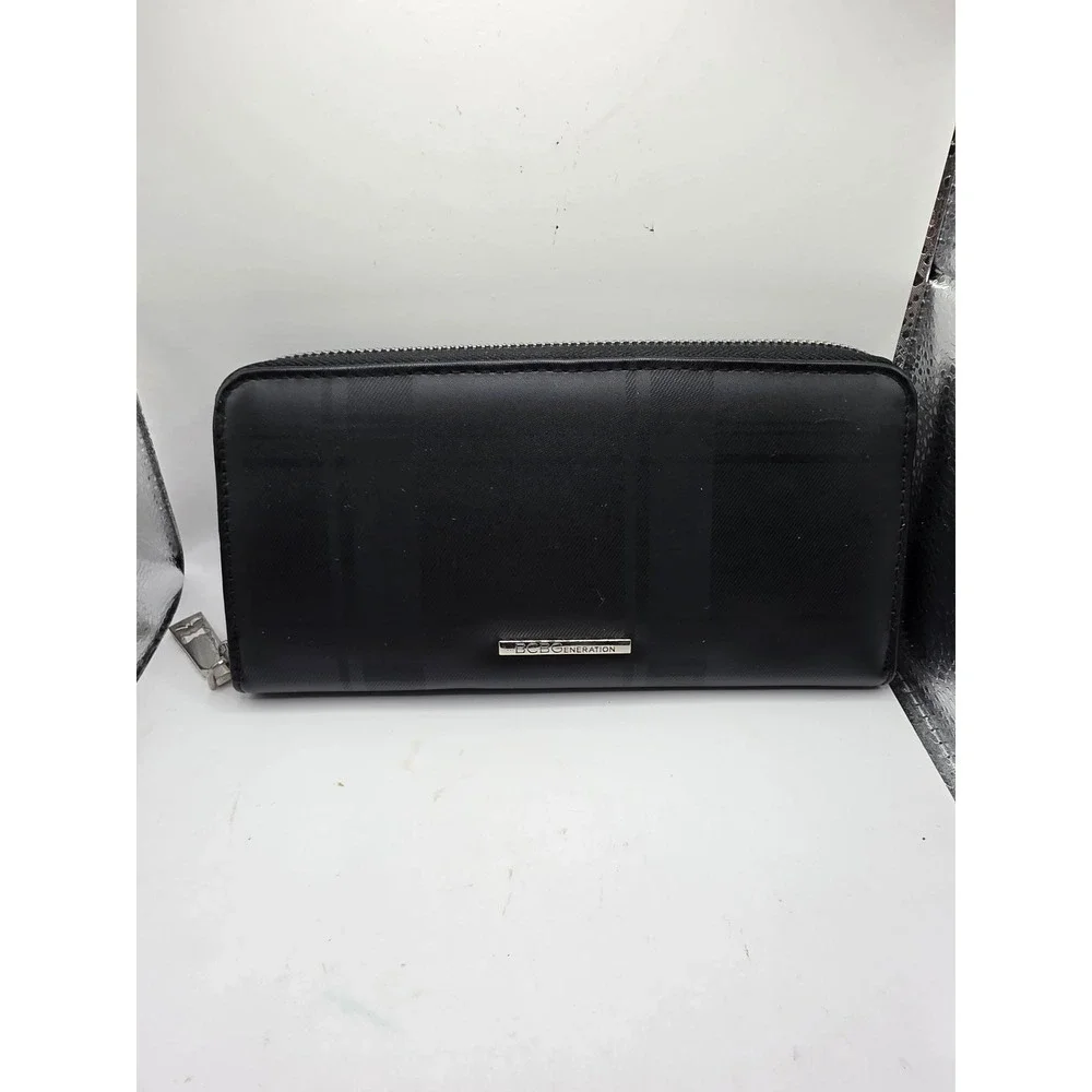BCBGeneration Black Tonal Plaid Zip Around Wallet Silver Logo Bar Accordion